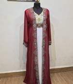 Maroon & White color luxurious Full Sleeves Handmade Two Piece Jacket Style Moroccan Kaftan.