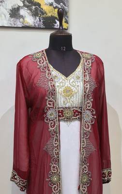 Maroon & White color Full Sleeves Handmade Two Piece Jacket Style Moroccan Kaftan 2