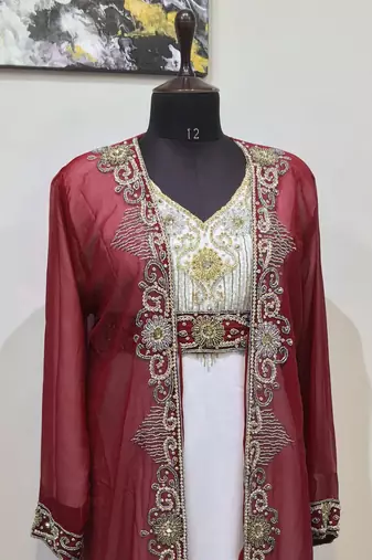Maroon & White color Full Sleeves Handmade Two Piece Jacket Style Moroccan Kaftan