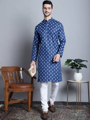 Men blue printed blended cotton kurta pajama 1