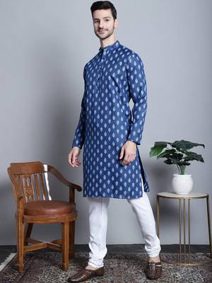 Men blue printed blended cotton kurta pajama 2