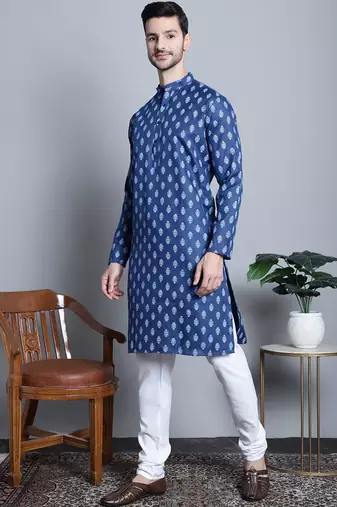 Men blue printed blended cotton kurta pajama