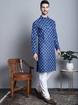 Men blue printed blended cotton kurta pajama 5