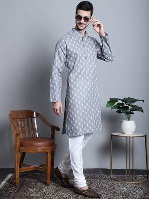 Men grey printed blended cotton kurta pajama 1