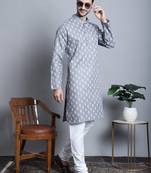 Men grey printed blended cotton kurta pajama