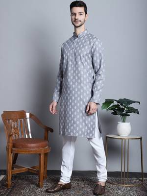 Men grey printed blended cotton kurta pajama 2