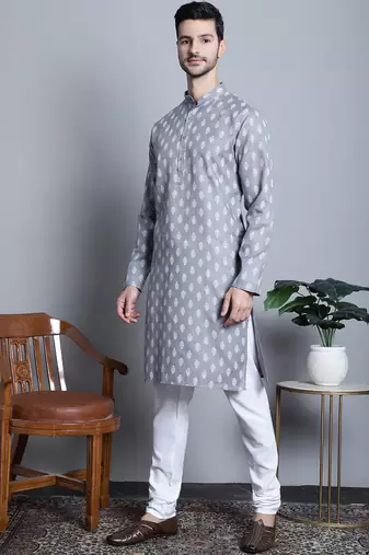 Men grey printed blended cotton kurta pajama