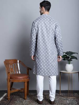Men grey printed blended cotton kurta pajama 4
