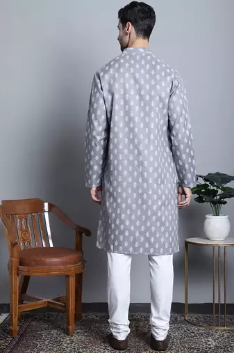 Men grey printed blended cotton kurta pajama