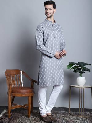 Men grey printed blended cotton kurta pajama 5
