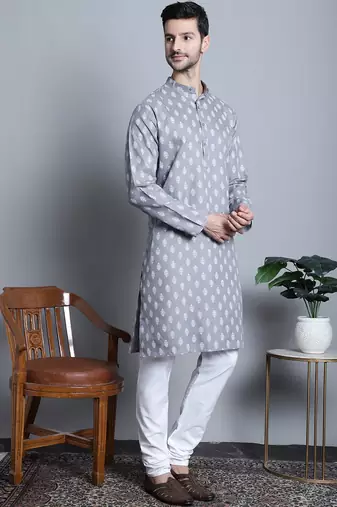 Men grey printed blended cotton kurta pajama