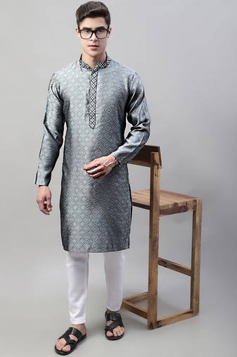 Men grey embroidered jacquard kurta pajama