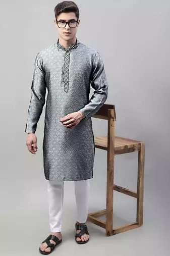 Men grey embroidered jacquard kurta pajama