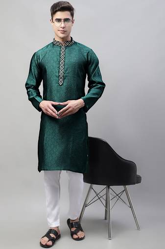 Men green embroidered jacquard kurta pajama