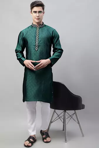 Men green embroidered jacquard kurta pajama