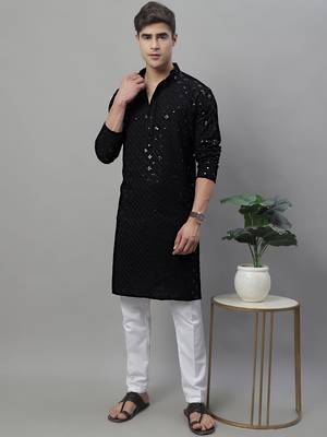 Men black embroidered rayon kurta pajama 1