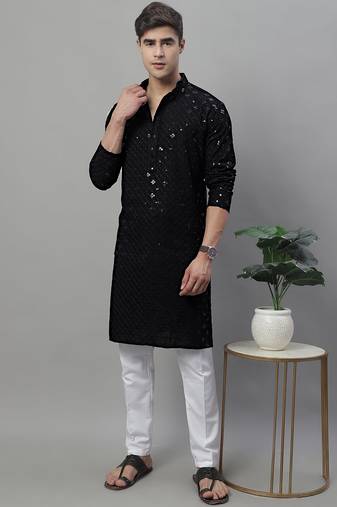 Men black embroidered rayon kurta pajama