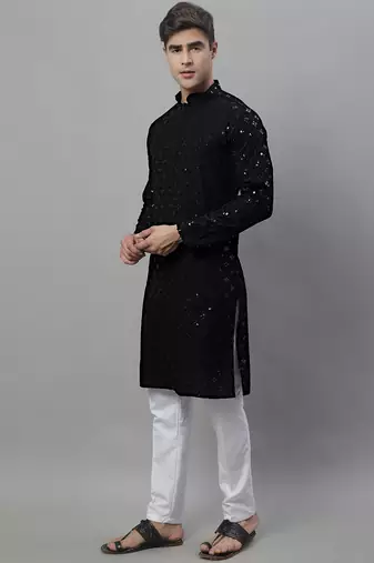 Men black embroidered rayon kurta pajama