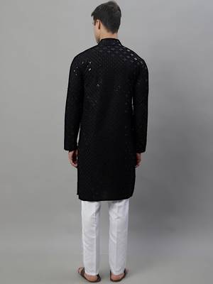 Men black embroidered rayon kurta pajama 4