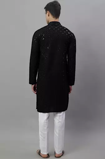 Men black embroidered rayon kurta pajama
