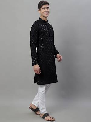 Men black embroidered rayon kurta pajama 5