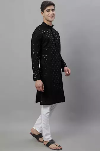 Men black embroidered rayon kurta pajama