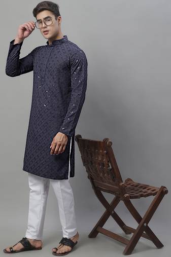 Men grey embroidered rayon kurta pajama