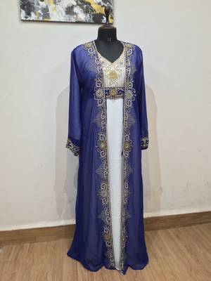 Navy Blue & White color Full Sleeves Handmade Two Piece Jacket Style Moroccan Kaftan 1