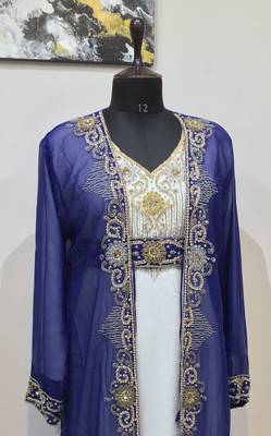 Navy Blue & White color Full Sleeves Handmade Two Piece Jacket Style Moroccan Kaftan 2
