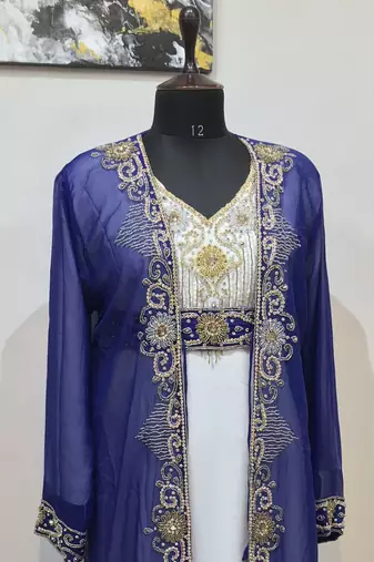 Navy Blue & White color Full Sleeves Handmade Two Piece Jacket Style Moroccan Kaftan