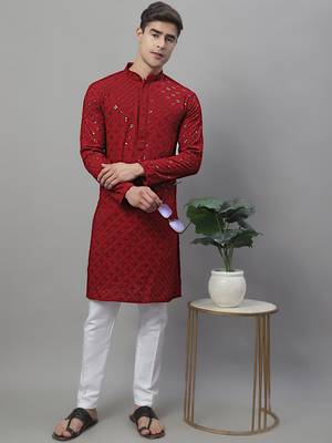 Men maroon embroidered rayon kurta pajama 1