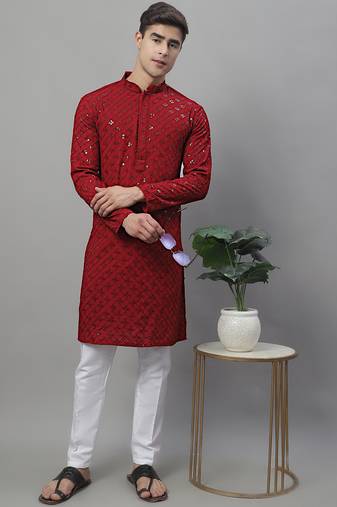Men maroon embroidered rayon kurta pajama