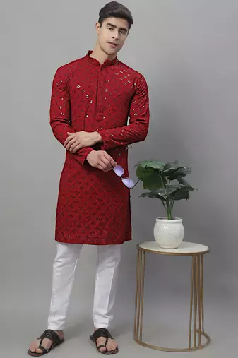 Men maroon embroidered rayon kurta pajama