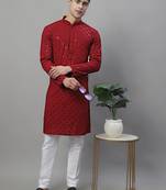 Men maroon embroidered rayon kurta pajama