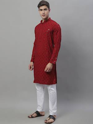 Men maroon embroidered rayon kurta pajama 2