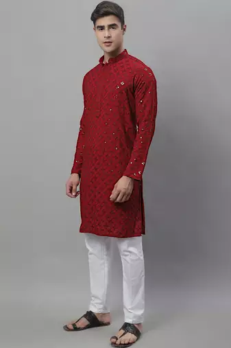 Men maroon embroidered rayon kurta pajama