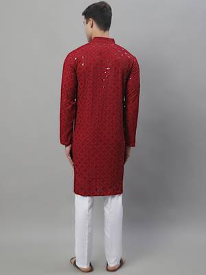 Men maroon embroidered rayon kurta pajama 4