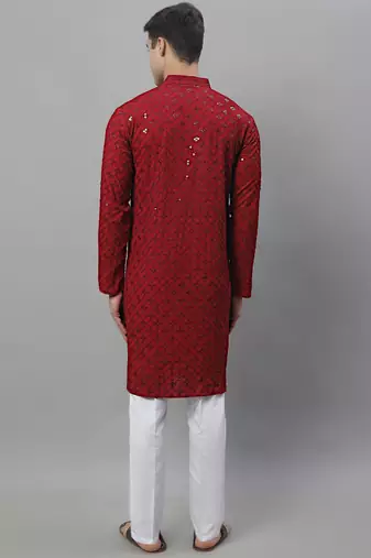 Men maroon embroidered rayon kurta pajama
