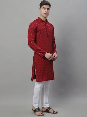 Men maroon embroidered rayon kurta pajama 5
