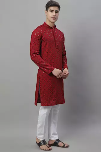 Men maroon embroidered rayon kurta pajama