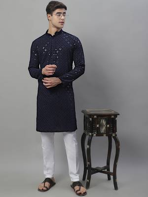 Men blue embroidered rayon kurta pajama 1