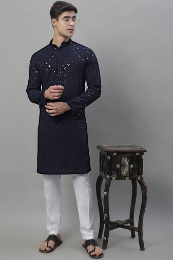Men blue embroidered rayon kurta pajama