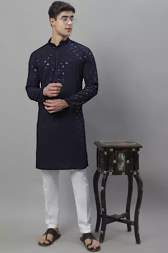 Men blue embroidered rayon kurta pajama