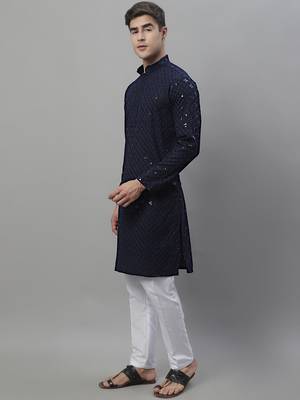 Men blue embroidered rayon kurta pajama 2