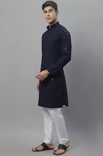 Men blue embroidered rayon kurta pajama