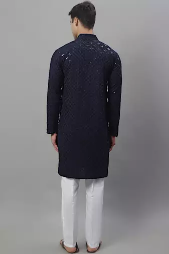 Men blue embroidered rayon kurta pajama