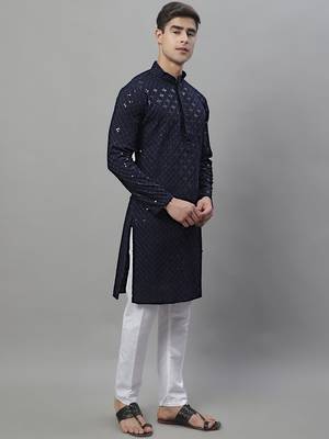 Men blue embroidered rayon kurta pajama 5