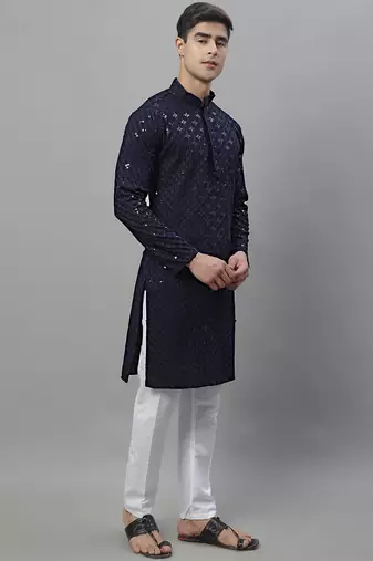 Men blue embroidered rayon kurta pajama