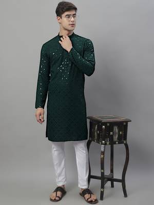 Men green embroidered rayon kurta pajama 1