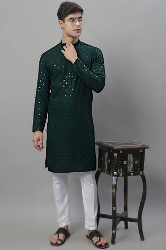 Men green embroidered rayon kurta pajama